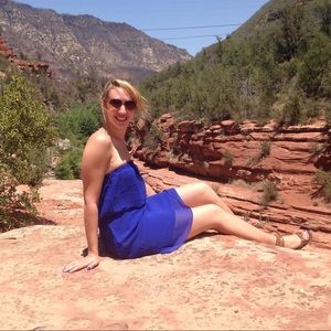 Royal blue strapless dress. From Express, medium